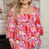 Fiery Red Plus Size Floral Sweetheart Neck Babydoll Blouse