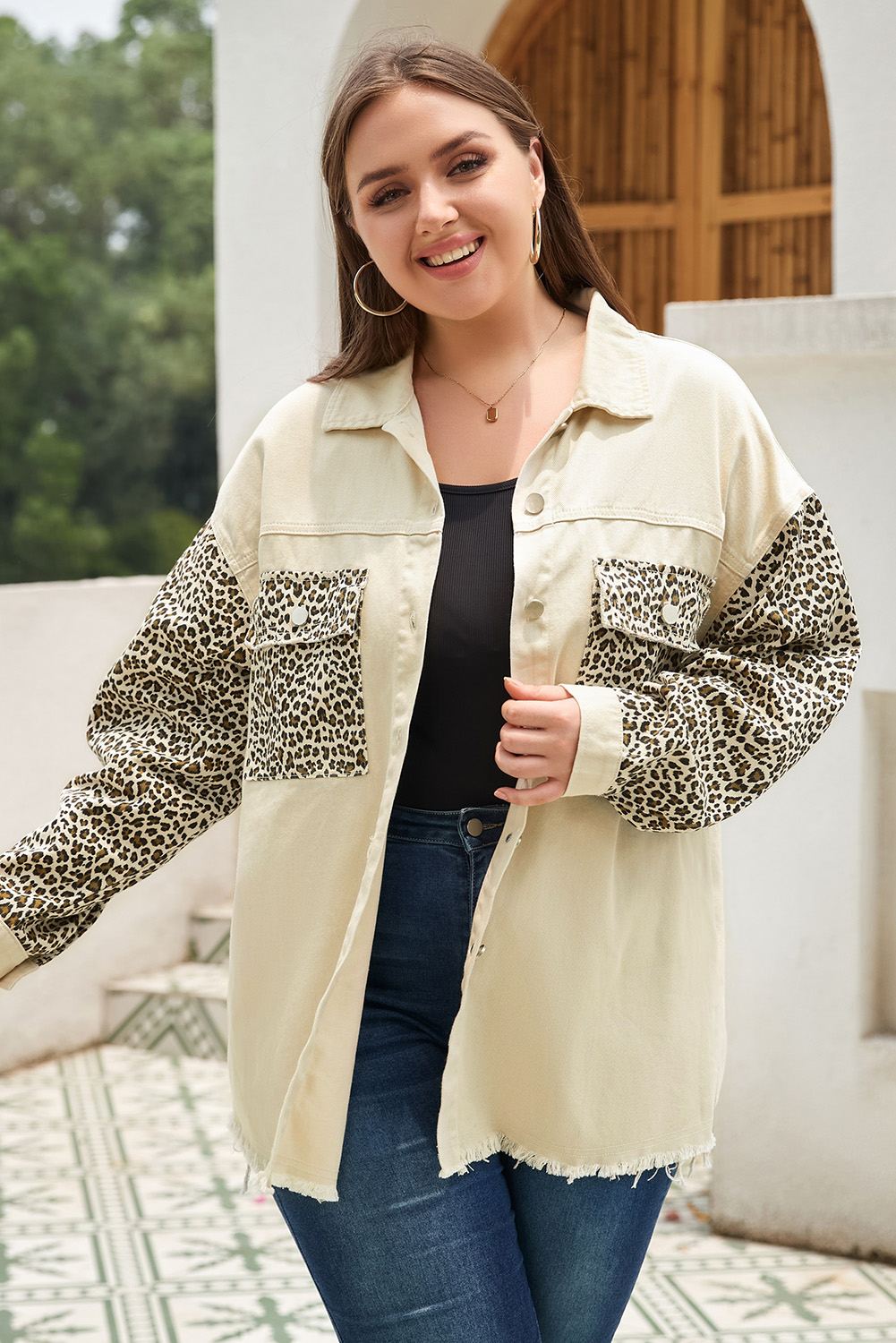 Plus size leopard hot sale print denim jacket