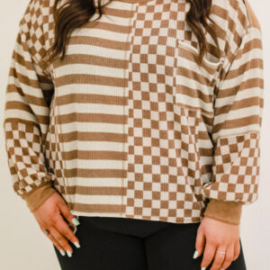 Khaki Striped Checkered Mixed Print Chest Pocket Casual Plus Size Top