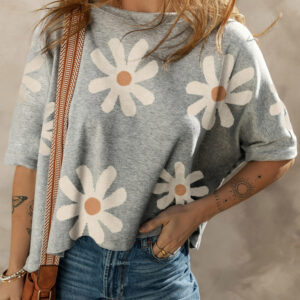 Gray Daisy Flower Printed Casual T Shirt