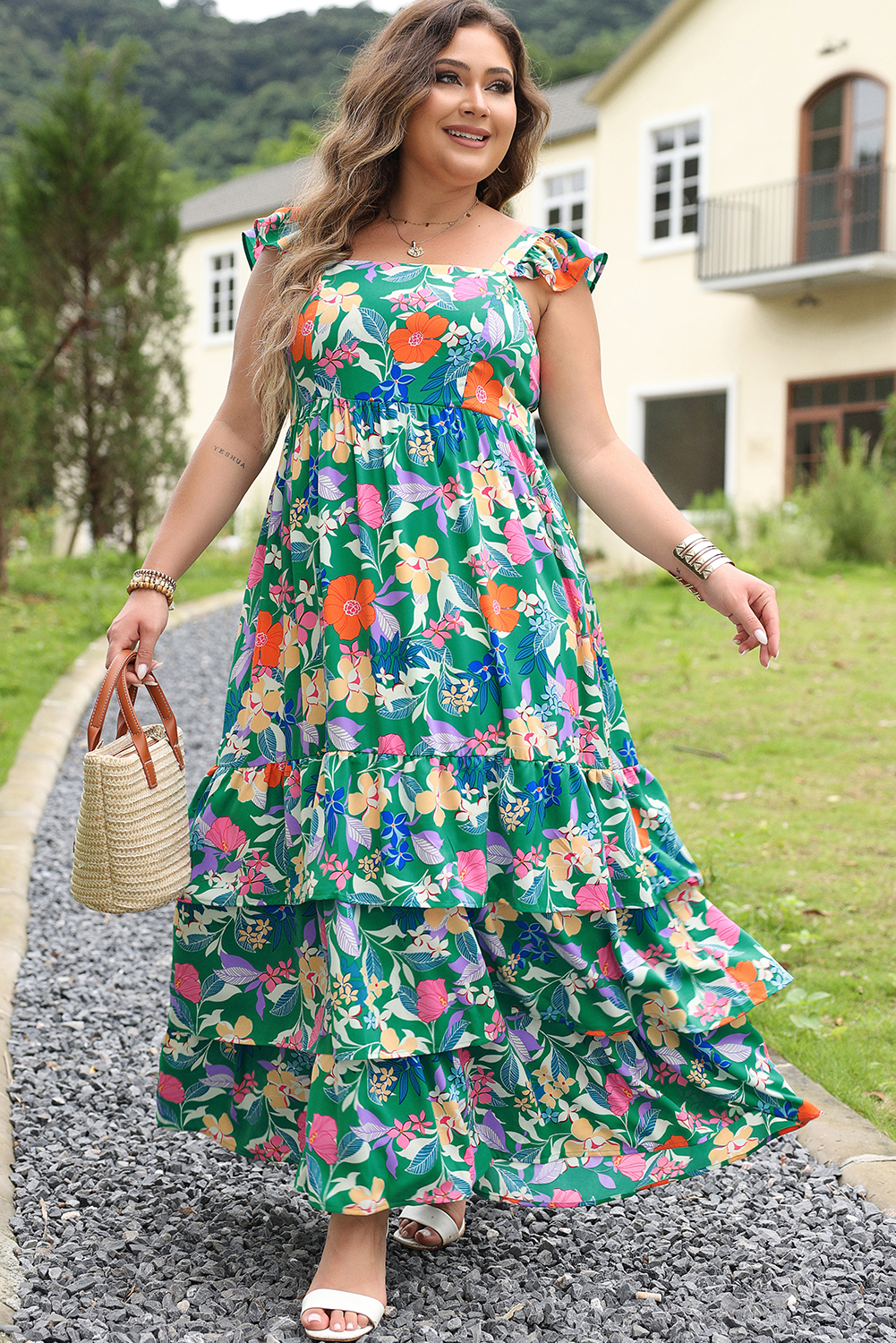 Green Plus Size Floral Smocked Back Tiered Maxi Dress Green Plus Size Floral Smocked Back Tiered Maxi Dress - Image 5