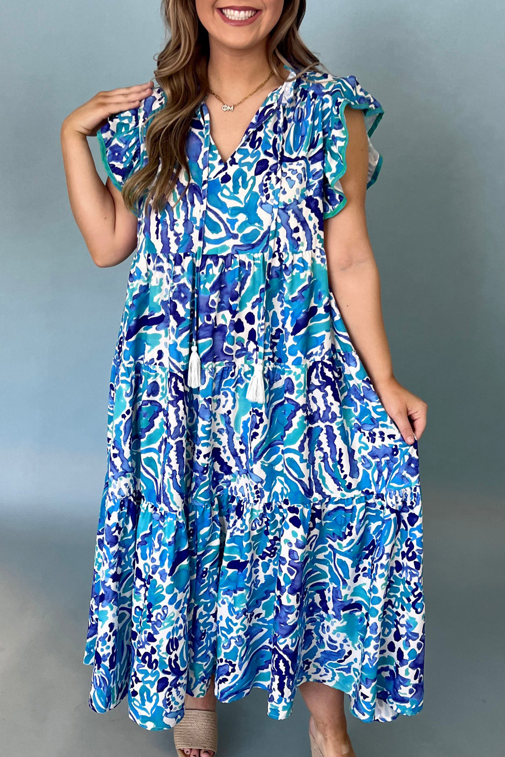 Sky Blue Plus Abstract Print Split Neck Ruffled Sleeve Tiered Long Dress Sky Blue Plus Abstract Print Split Neck Ruffled Sleeve Tiered Long Dress - Image 8