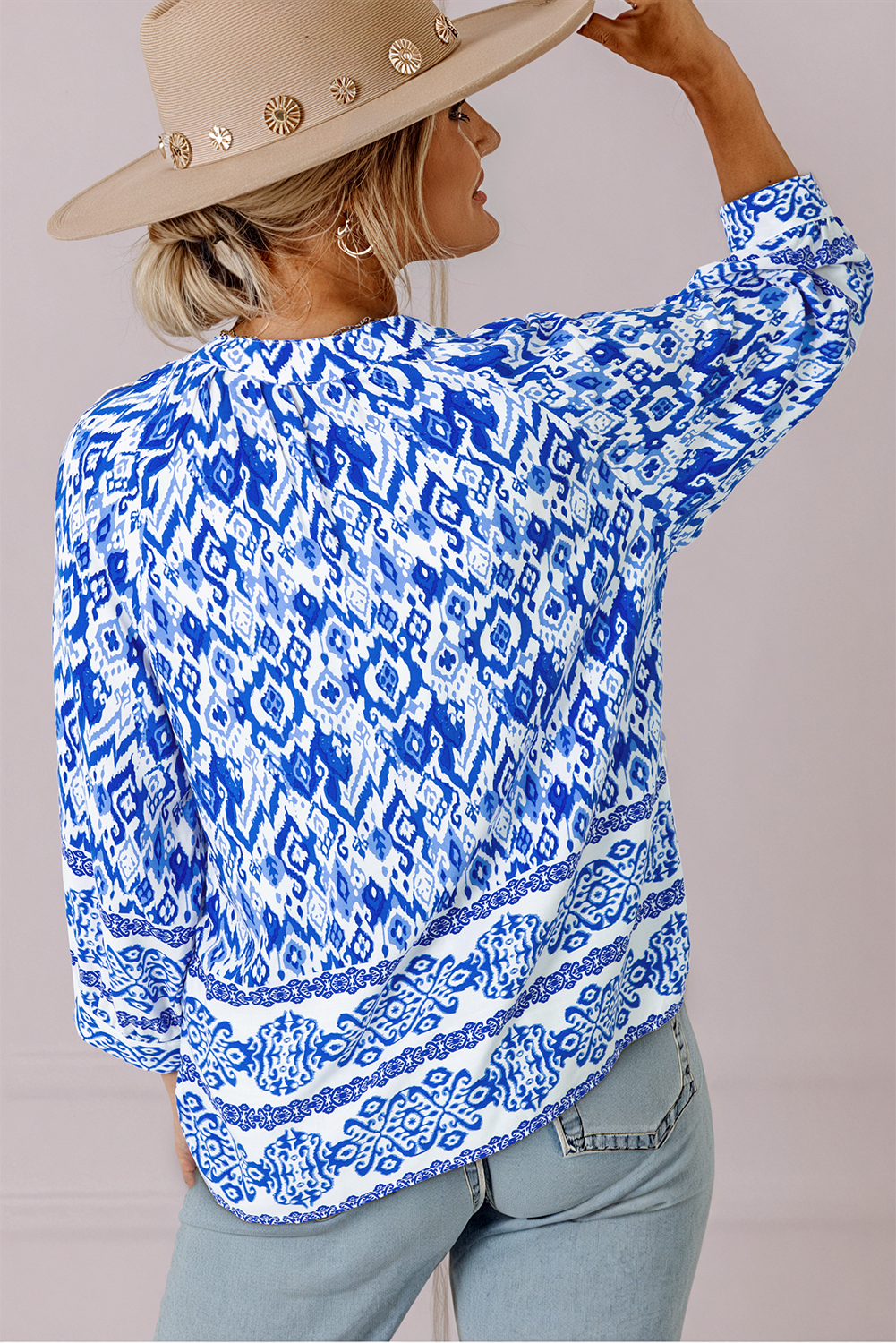 Blue Boho Printed 3/4 Sleeve Tied Neck Blouse Blue Boho Printed 3/4 Sleeve Tied Neck Blouse - Image 2