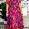 Multicolor Plus Size Abstract Print Oversized Sleeve Belted Dress