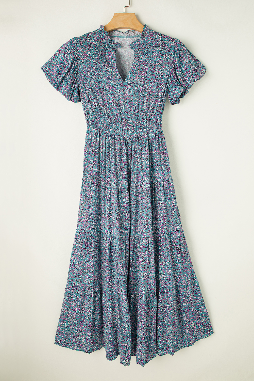 Blue Printed V Neck Shirred Short Puff Sleeve Maxi Dress Blue Printed V Neck Shirred Short Puff Sleeve Maxi Dress - Image 6