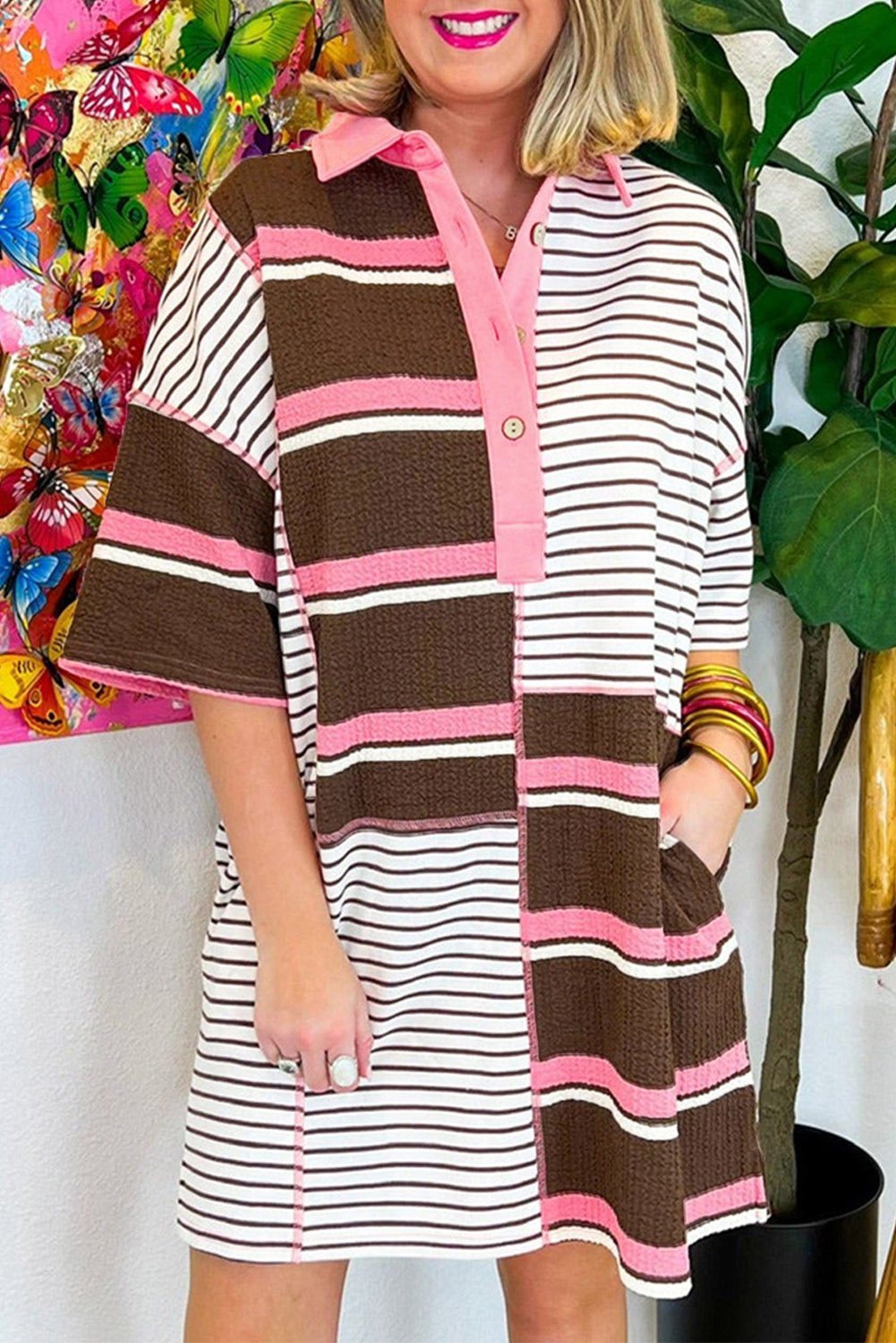 Brown Stripe Striped Textured Patchwork Buttoned T Shirt Dress Brown Stripe Striped Textured Patchwork Buttoned T Shirt Dress