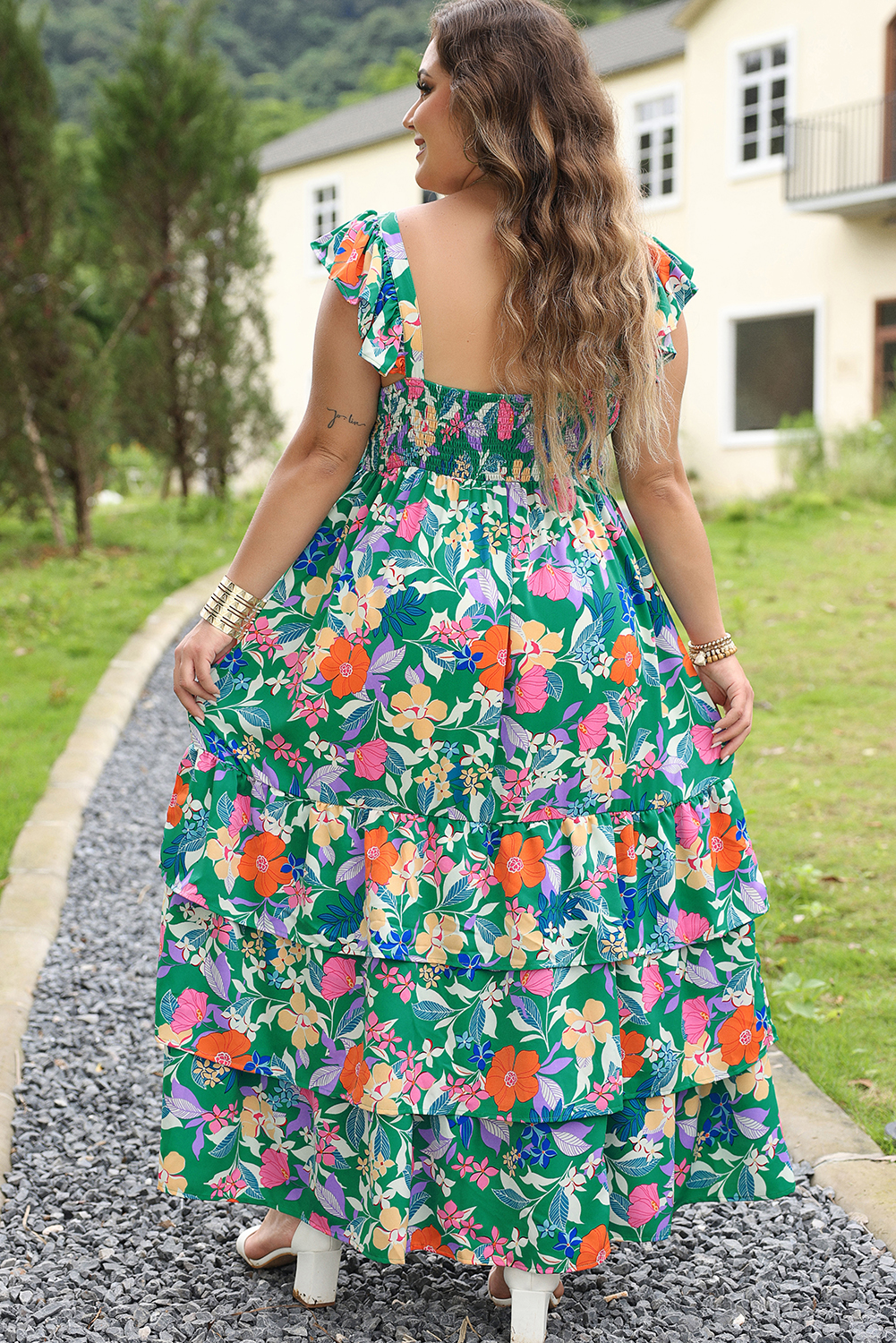 Green Plus Size Floral Smocked Back Tiered Maxi Dress Green Plus Size Floral Smocked Back Tiered Maxi Dress - Image 2