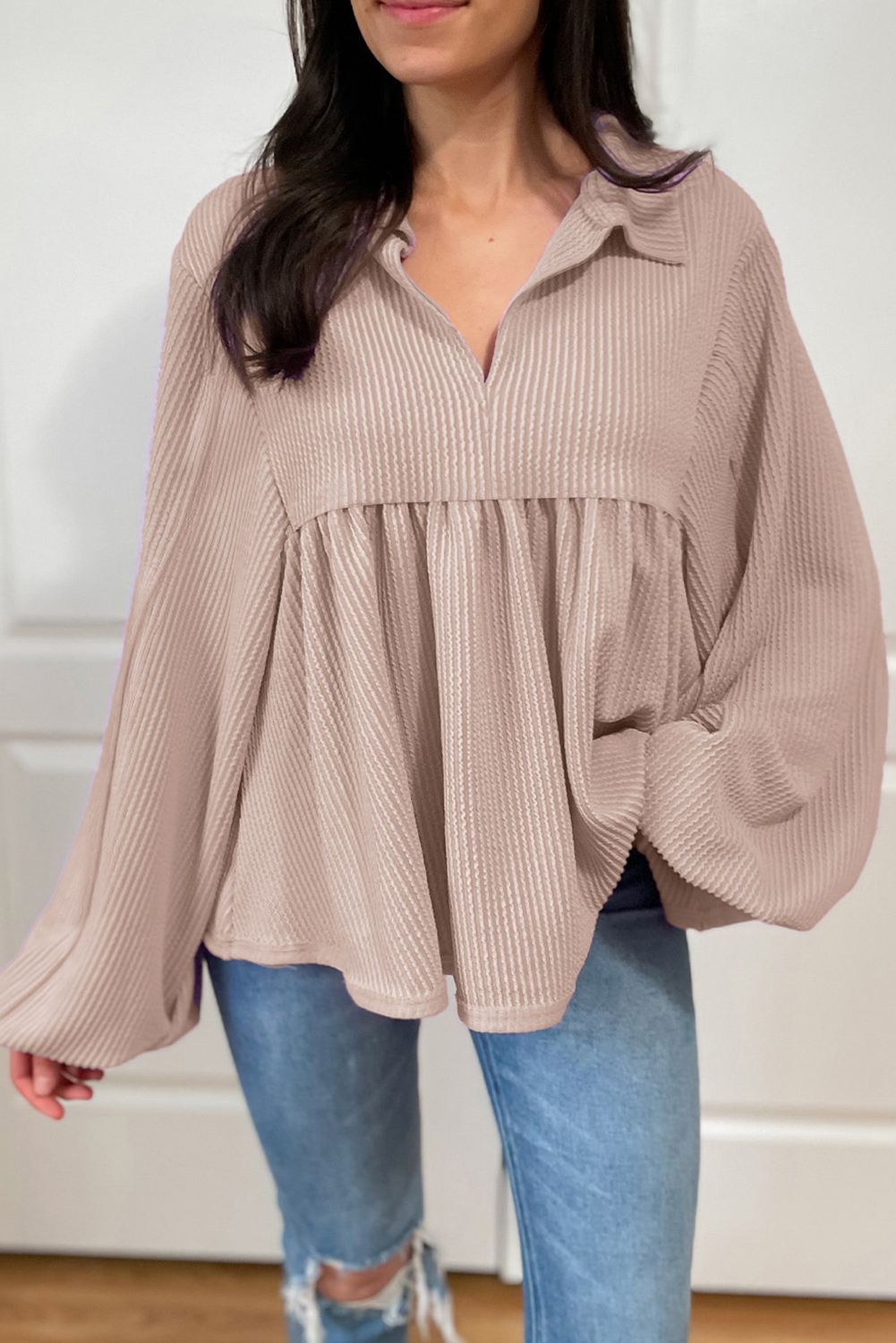 Parchment Corded Turn-down V Neck Bubble Sleeve Babydoll Blouse Parchment Corded Turn-down V Neck Bubble Sleeve Babydoll Blouse - Image 3