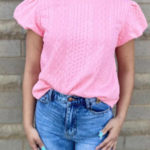 Pink Textured Puff Sleeve T Shirt
