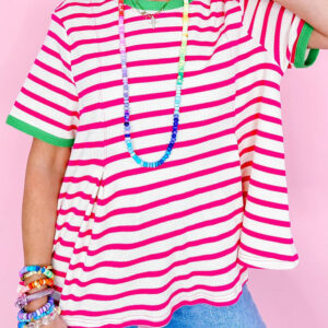 Rose Stripe Contrast Trim Crew Neck Loose Short Sleeve Top