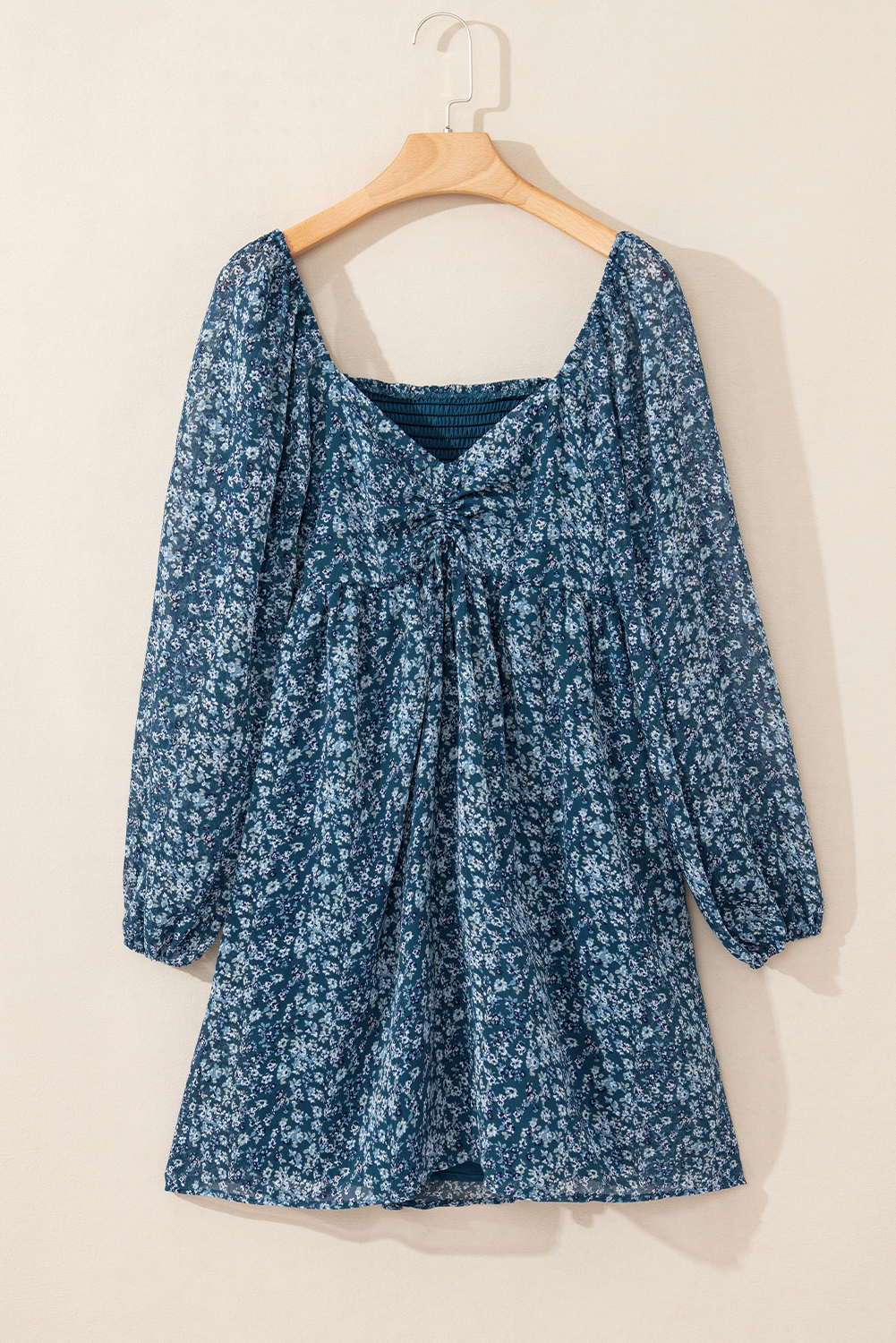 Blue Floral Print Sweetheart Neck Shirred Back Mini Dress Blue Floral Print Sweetheart Neck Shirred Back Mini Dress - Image 4