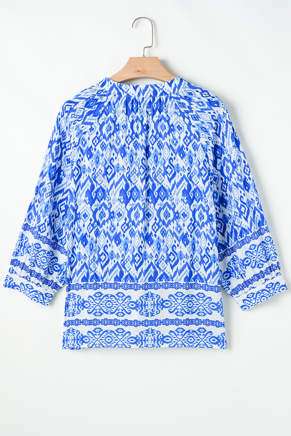 Blue Boho Printed 3/4 Sleeve Tied Neck Blouse Blue Boho Printed 3/4 Sleeve Tied Neck Blouse - Image 5