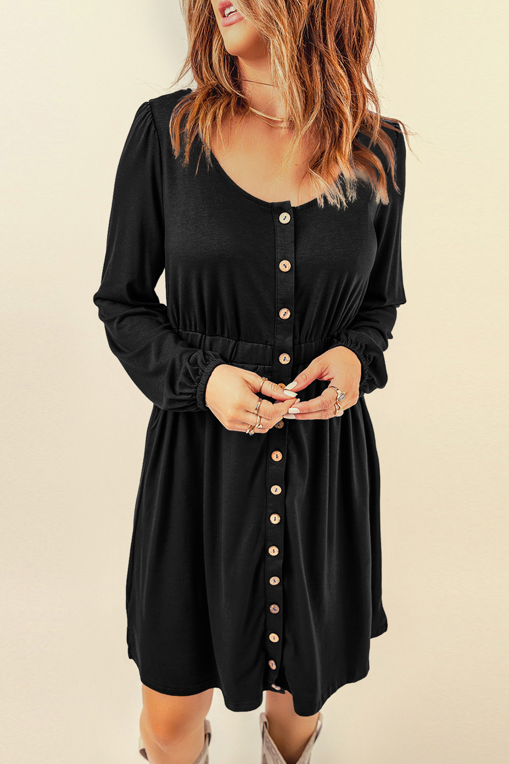 Black Button Up High Waist Long Sleeve Dress Black Button Up High Waist Long Sleeve Dress - Image 4