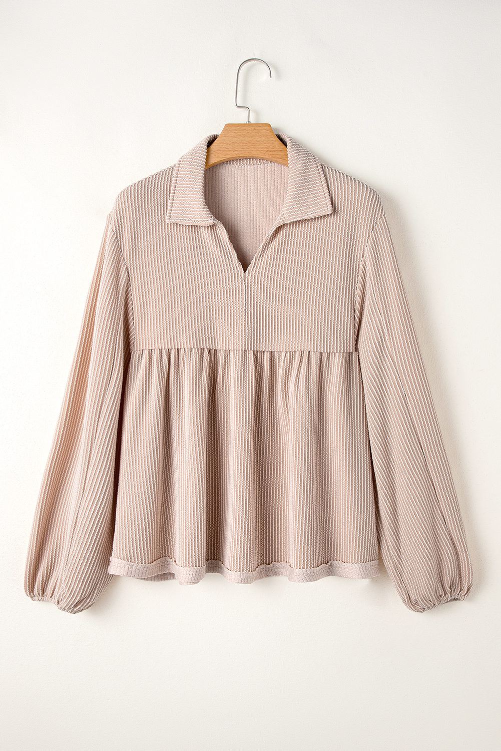 Parchment Corded Turn-down V Neck Bubble Sleeve Babydoll Blouse Parchment Corded Turn-down V Neck Bubble Sleeve Babydoll Blouse - Image 6