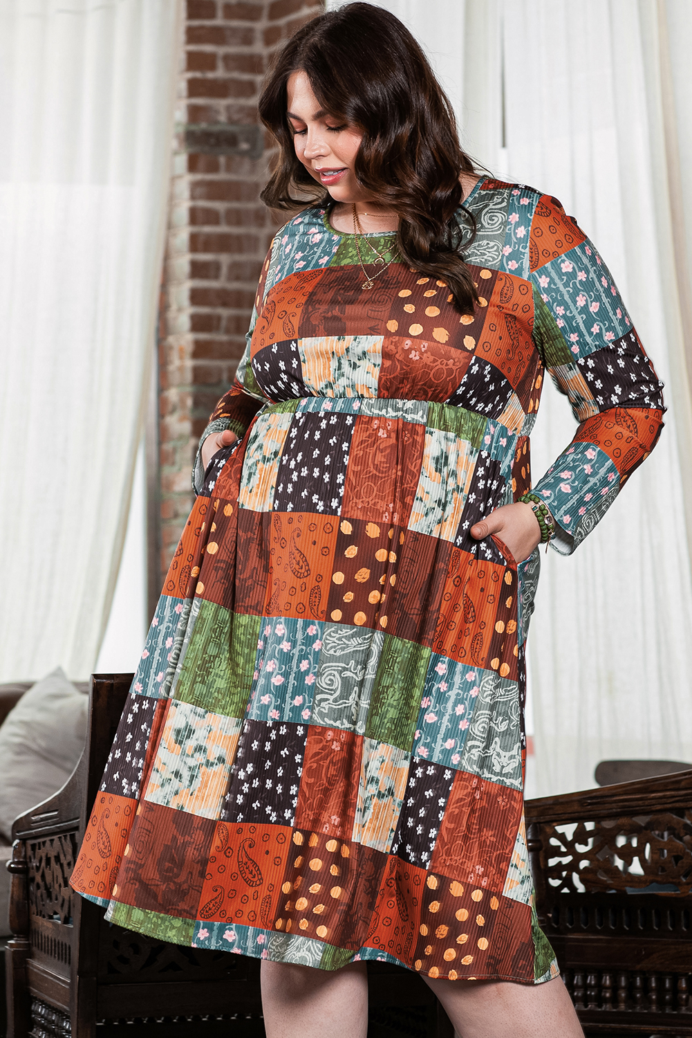Green Printed Multicolor Western Checkered Plus Size Swing Dress Green Printed Multicolor Western Checkered Plus Size Swing Dress - Image 4