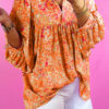 Bright Pink Waffle V Neck Long Sleeve Drop Shoulder Loose Blouse