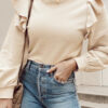 Dark Blue Smocked Ruffled Puff Sleeve V Neck Denim Blouse