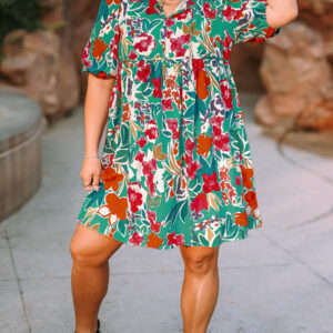 Sky Blue Plus Size Floral Print Puff Sleeve Tie Neck Babydoll Dress