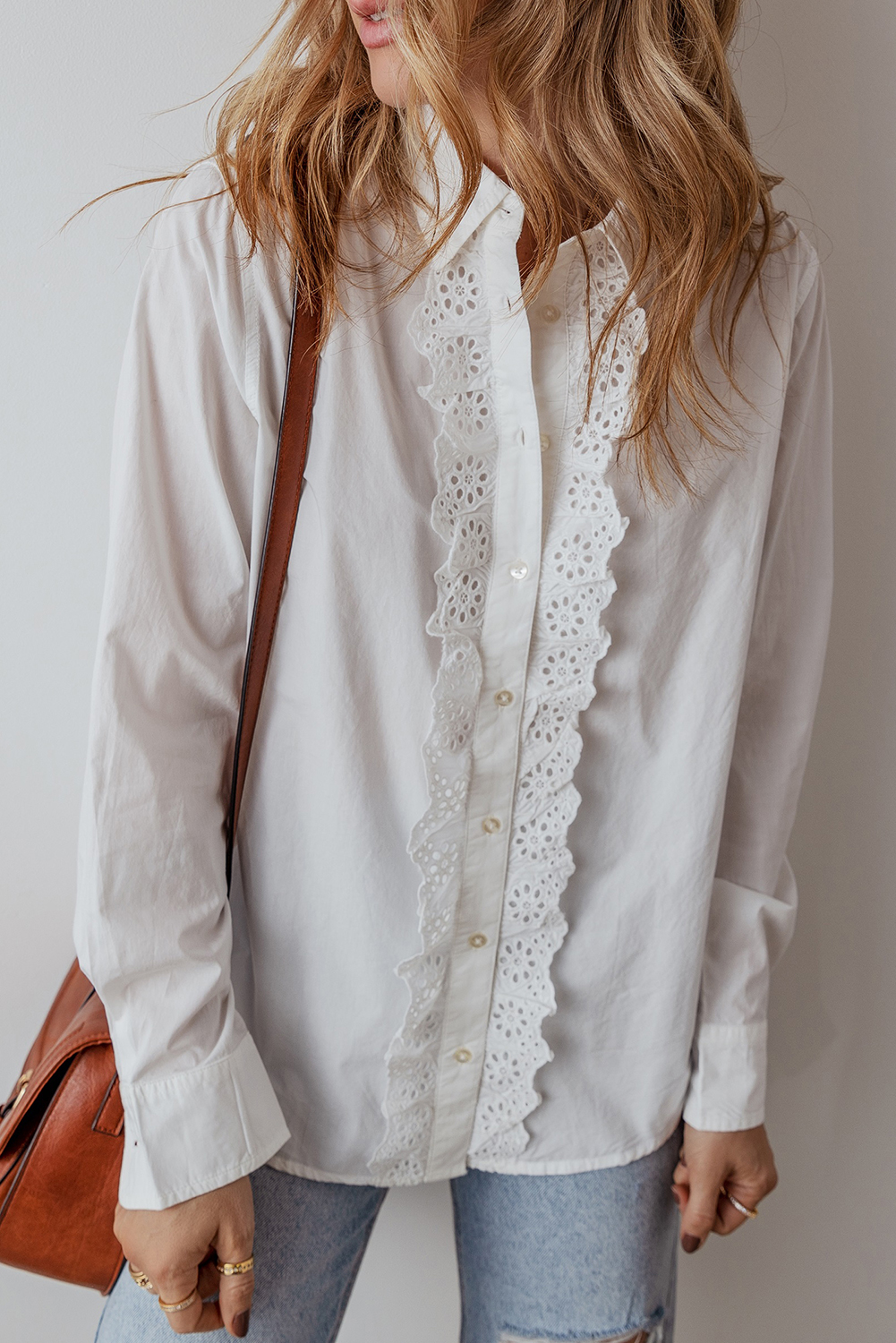 White Lace Crochet Trim Turn Down Collar Buttoned Shirt White Lace Crochet Trim Turn Down Collar Buttoned Shirt - Image 3