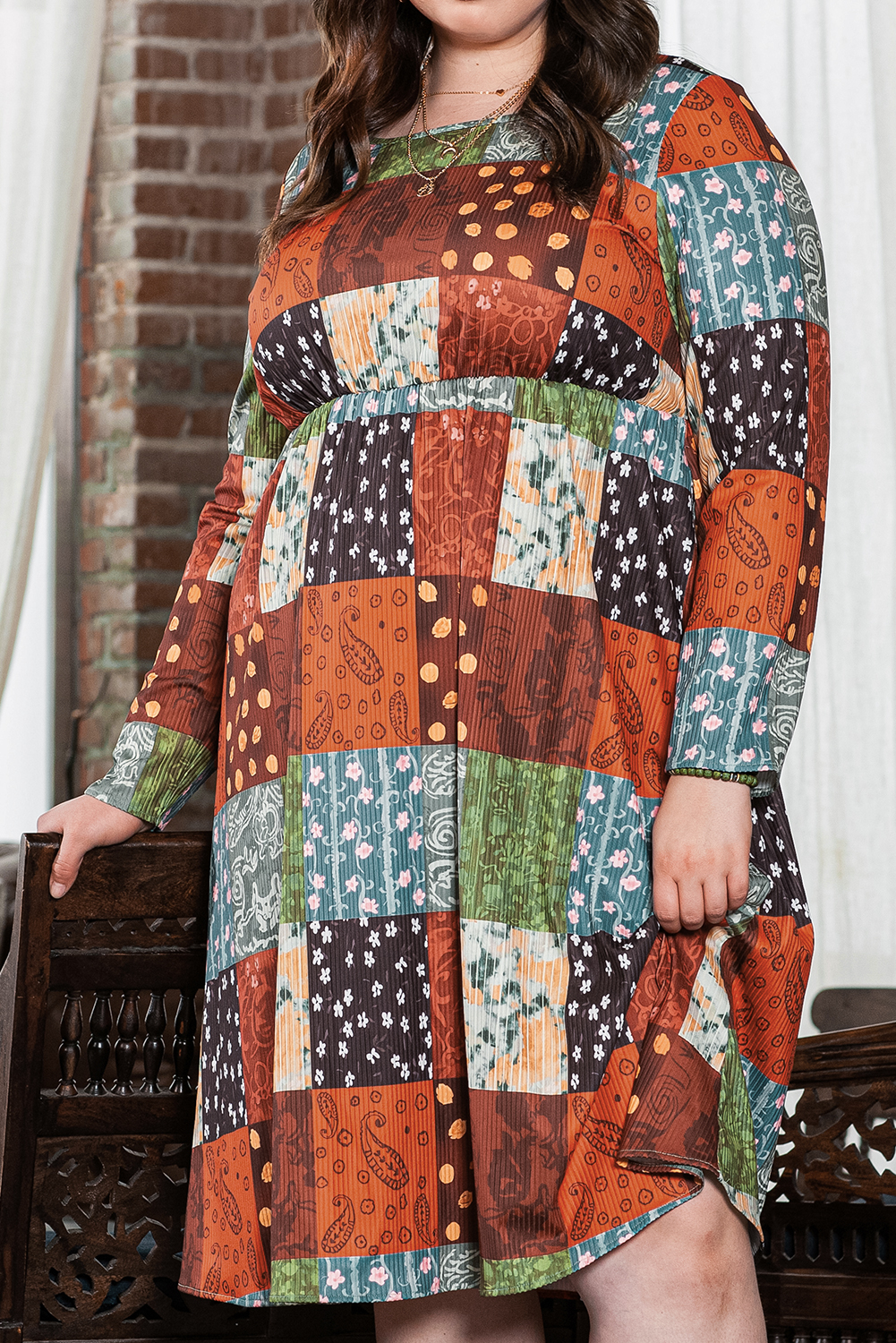 Green Printed Multicolor Western Checkered Plus Size Swing Dress Green Printed Multicolor Western Checkered Plus Size Swing Dress