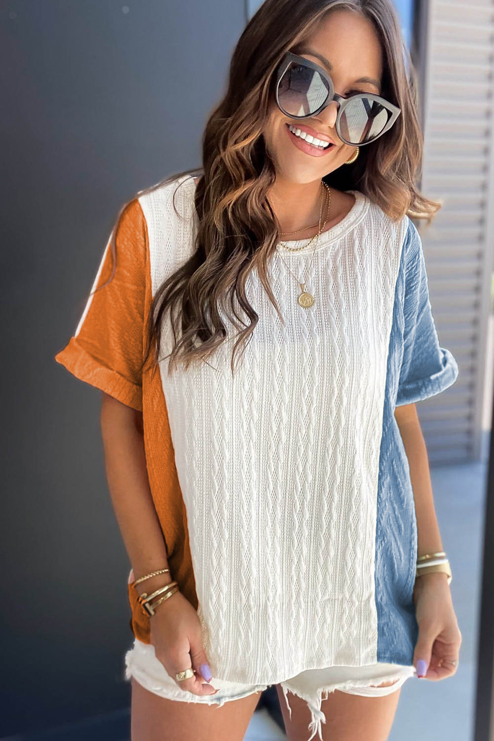 Light Blue Textured Color Block Loose Fit T Shirt Light Blue Textured Color Block Loose Fit T Shirt - Image 3