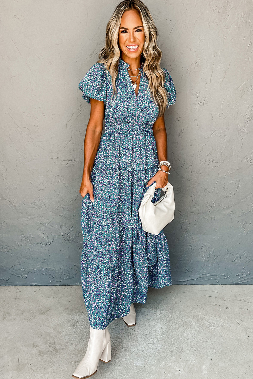 Blue Printed V Neck Shirred Short Puff Sleeve Maxi Dress Blue Printed V Neck Shirred Short Puff Sleeve Maxi Dress - Image 5