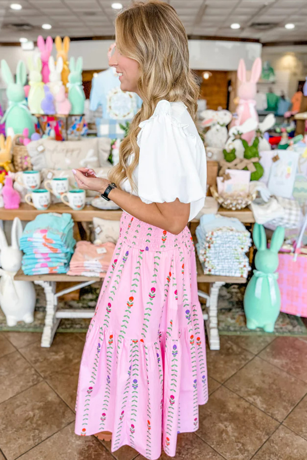 Pink Printed Smocked Tiered Maxi Skirt Pink Printed Smocked Tiered Maxi Skirt - Image 2
