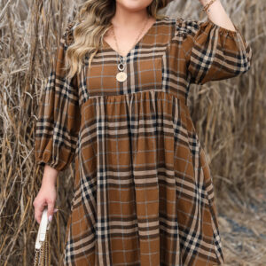 Brown Printed Plaid V Neck Plus Size Babydoll Dress