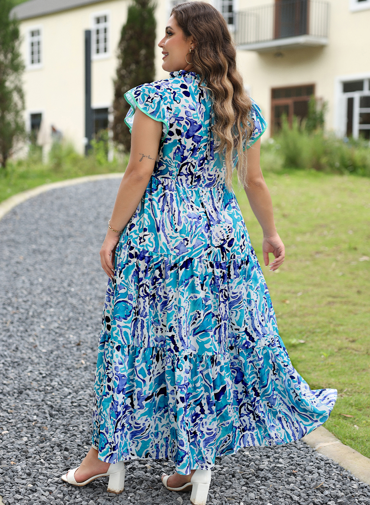 Sky Blue Plus Abstract Print Split Neck Ruffled Sleeve Tiered Long Dress Sky Blue Plus Abstract Print Split Neck Ruffled Sleeve Tiered Long Dress - Image 2