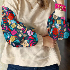 White Floral Patchwork Sleeve Textured Plus Size Pullover Top