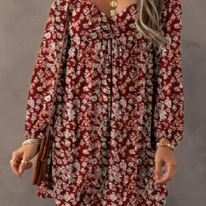 Red Floral Print Sweetheart Neck Shirred Back Mini Dress