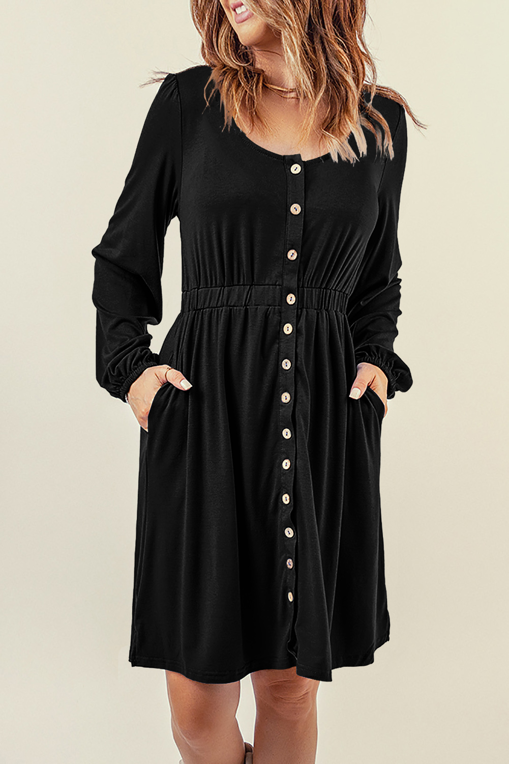 Black Button Up High Waist Long Sleeve Dress Black Button Up High Waist Long Sleeve Dress - Image 3