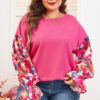Bright Pink Floral Patchwork Flounce Sleeve Rib Knit Plus Top