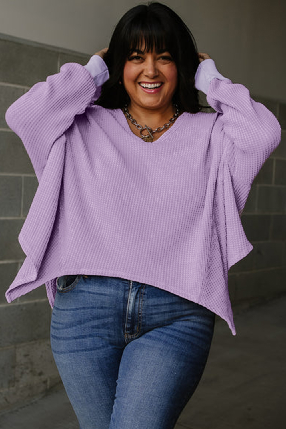 Orchid Petal Plus Size Waffle Knit Exposed Seam Flowy Top Orchid Petal Plus Size Waffle Knit Exposed Seam Flowy Top - Image 3