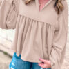 Oatmeal Geometric Jacquard V Neck Bishop Sleeve Blouse