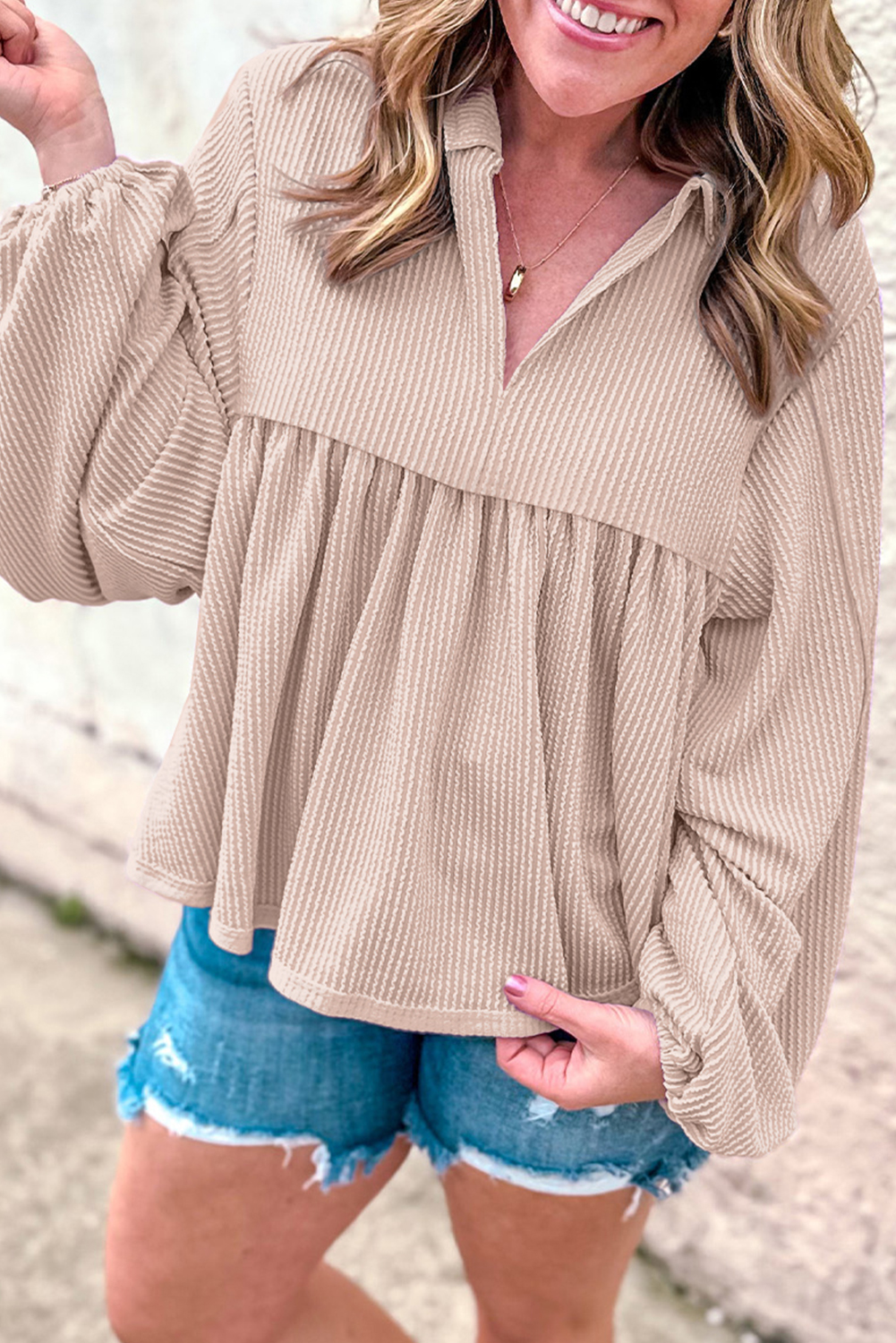 Parchment Corded Turn-down V Neck Bubble Sleeve Babydoll Blouse Parchment Corded Turn-down V Neck Bubble Sleeve Babydoll Blouse