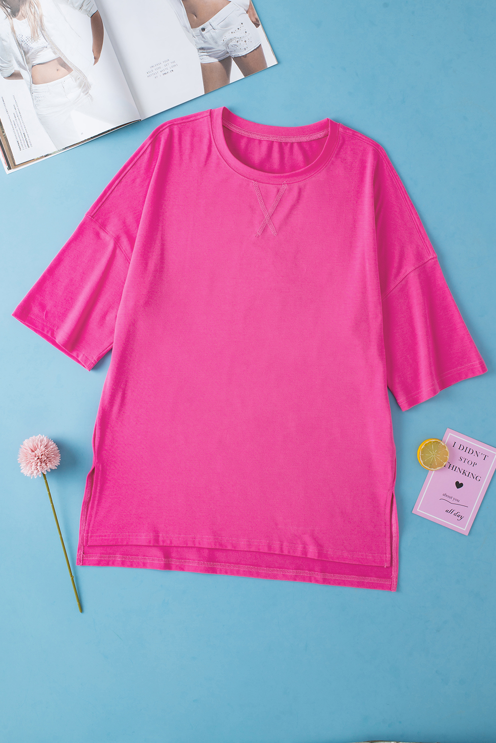 Rose Red Longline Short Sleeve Side Slit Drop Shoulder Top Rose Red Longline Short Sleeve Side Slit Drop Shoulder Top - Image 4