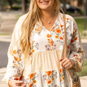 White Plus Size Floral Print V Neck Puff Sleeve Blouse