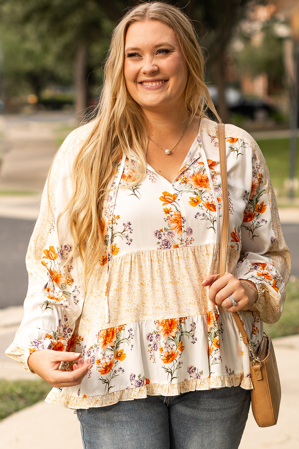 White Plus Size Floral Print V Neck Puff Sleeve Blouse White Plus Size Floral Print V Neck Puff Sleeve Blouse