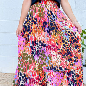 White Abstract Floral Print Ruffled High Waist Maxi Skirt
