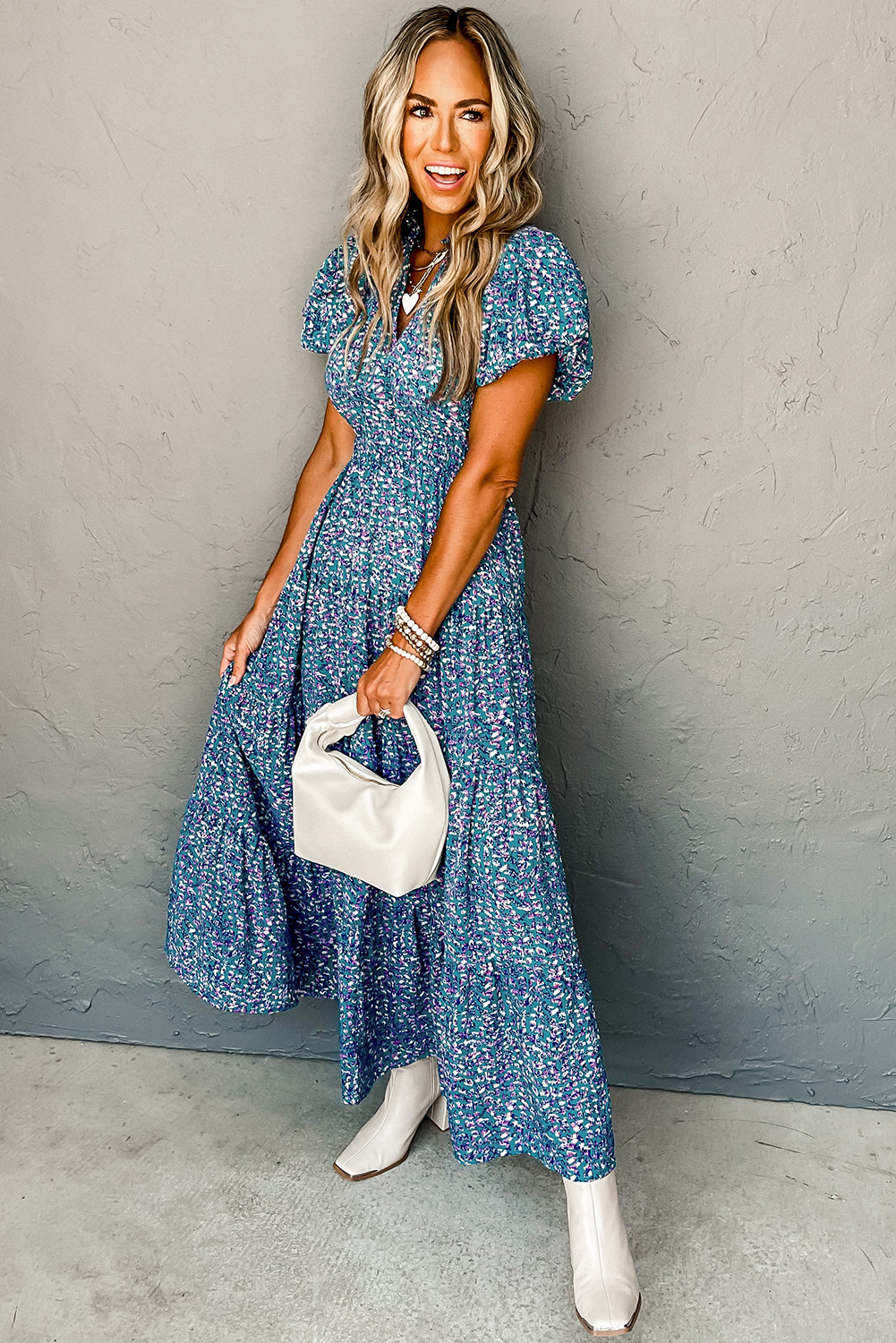 Blue Printed V Neck Shirred Short Puff Sleeve Maxi Dress Blue Printed V Neck Shirred Short Puff Sleeve Maxi Dress - Image 4
