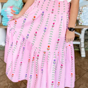 Pink Printed Smocked Tiered Maxi Skirt