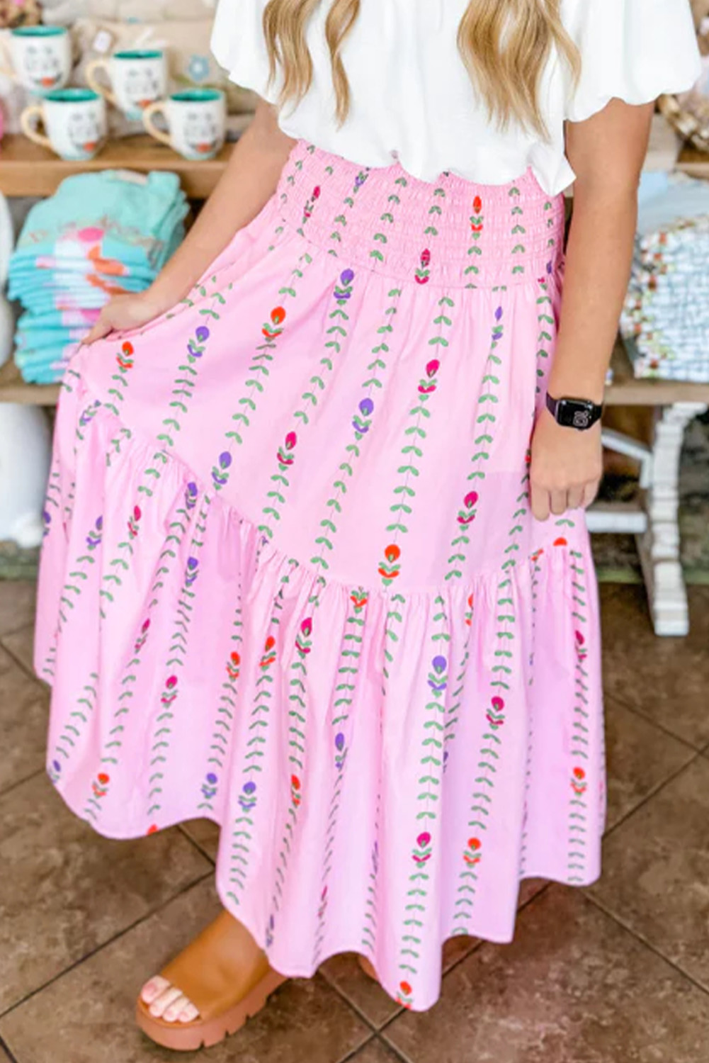 Pink Printed Smocked Tiered Maxi Skirt Pink Printed Smocked Tiered Maxi Skirt
