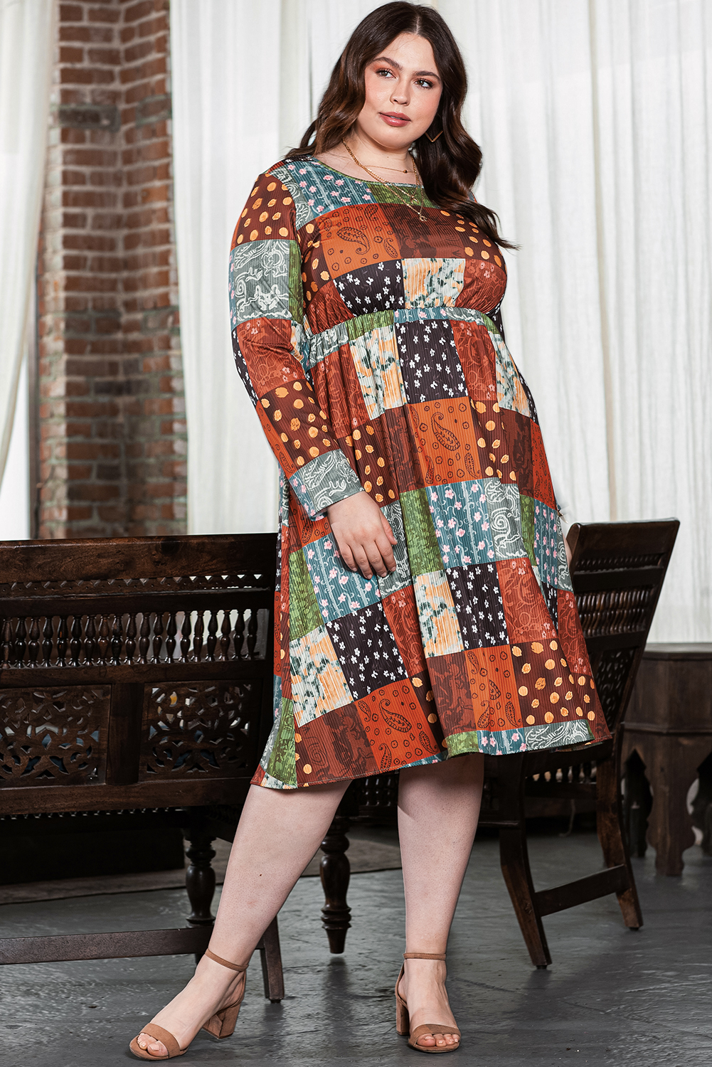 Green Printed Multicolor Western Checkered Plus Size Swing Dress Green Printed Multicolor Western Checkered Plus Size Swing Dress - Image 5