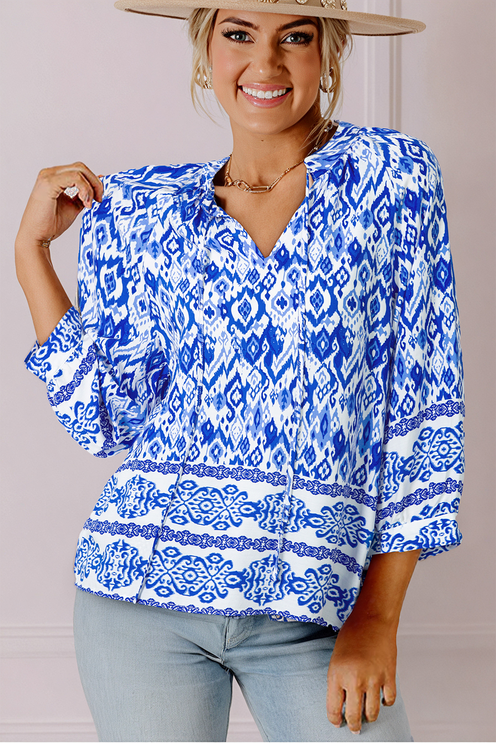 Blue Boho Printed 3/4 Sleeve Tied Neck Blouse Blue Boho Printed 3/4 Sleeve Tied Neck Blouse - Image 3