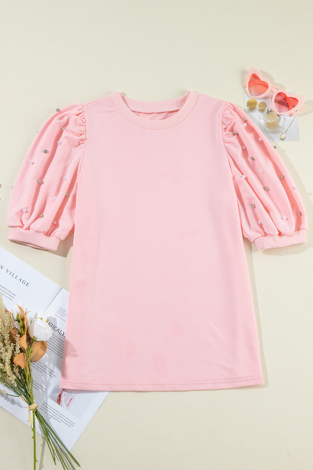 Light Pink Rhinestone Pearl Puff Half Sleeve Top Light Pink Rhinestone Pearl Puff Half Sleeve Top - Image 3