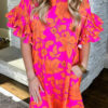 Purple Floral Keyhole Back Long Sleeve Belted Dress