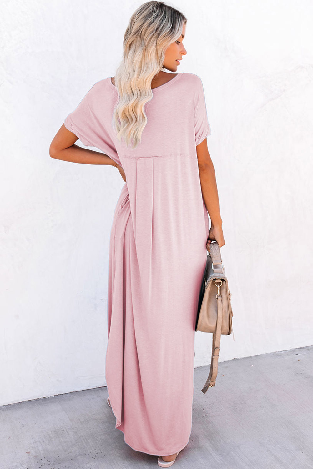 Pink V Neck Hidden Pocket Splits Maxi T-shirt Dress Pink V Neck Hidden Pocket Splits Maxi T-shirt Dress - Image 2
