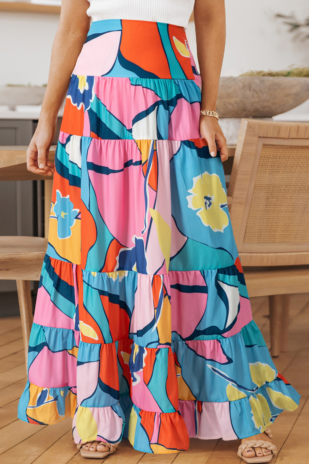 Pink Printed Pocketed High Waist Maxi Skirt Pink Printed Pocketed High Waist Maxi Skirt