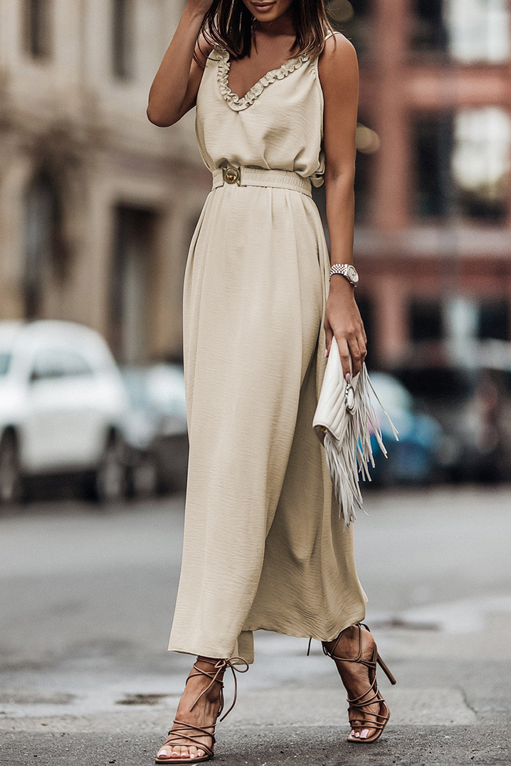 Apricot V Neck Sleeveless Maxi Dress with Elastic Belt Apricot V Neck Sleeveless Maxi Dress with Elastic Belt - Image 7